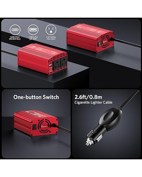 BESTEK 300W Car Power Inverter with 65W USB-C and QC3.0 Ports - 12V DC to 110V AC Converter
